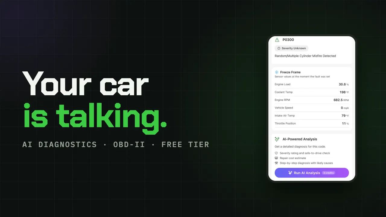 Demo video thumbnail: "Your car is talking." beside the app showing a P0300 misfire code with freeze-frame data.
