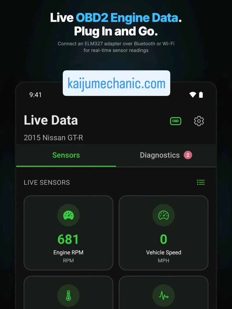 Here's what Kaiju Mechanic actually looks like. Dashboard, live OBD, codes, chat, maintenance, receipt scan. Six Play Store frames — no extra type. Demo gara…