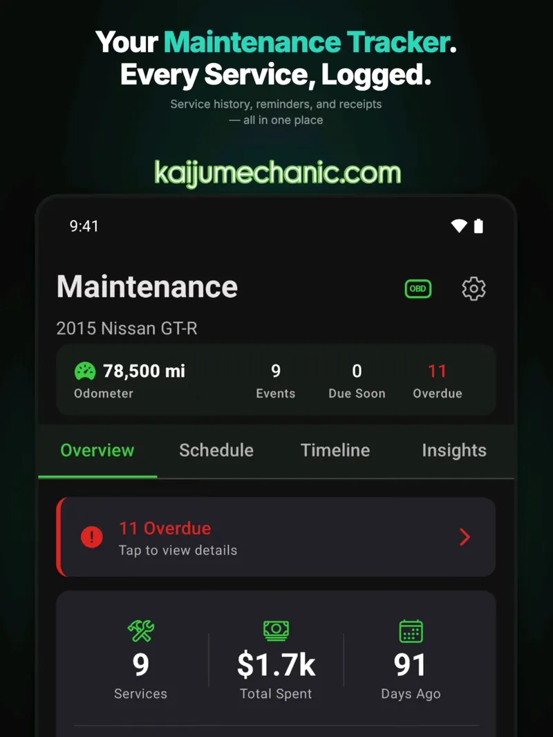 Maintenance tracker. Every service, logged. OEM intervals for the car on file. History, reminders, and receipts in one place. kaijumechanic.com/download