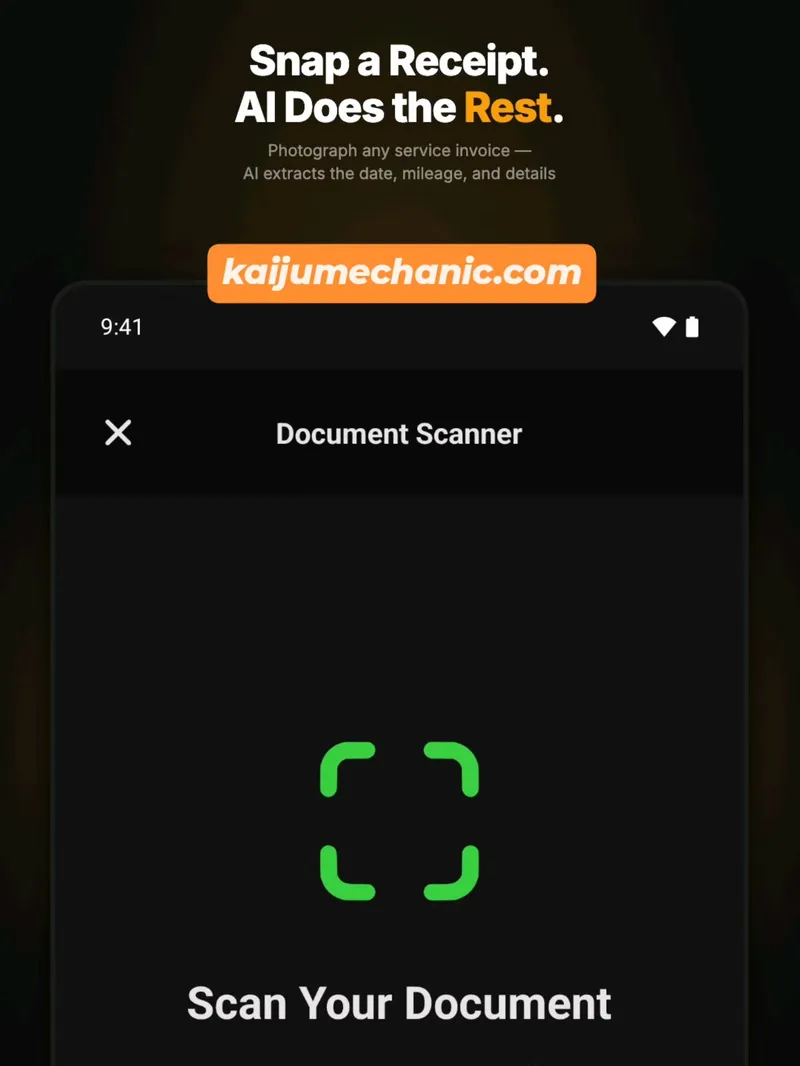 Snap a receipt. AI pulls the date, mileage, and line items when they're on the page. kaijumechanic.com/download